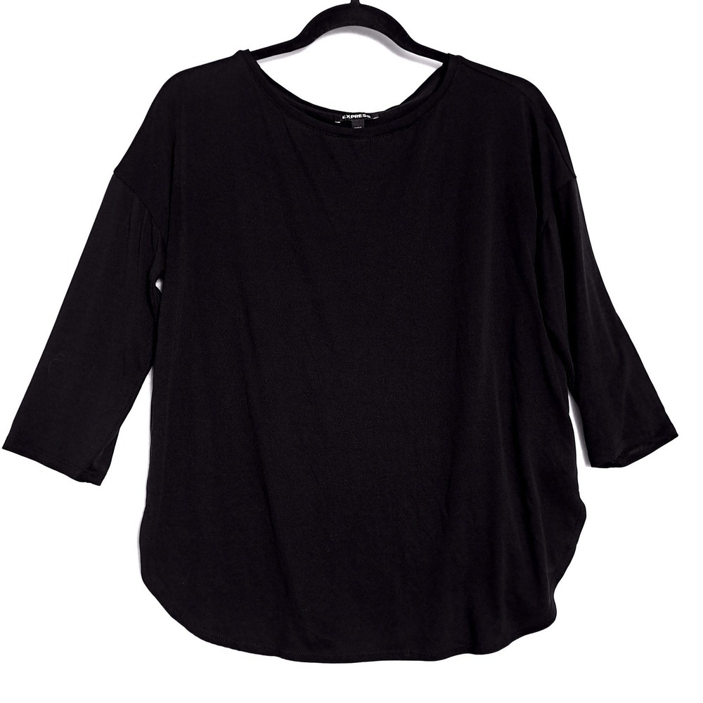 Express Boat Neck Top Womens Medium Black Long Sleeve High Low Hem Modal Relaxed